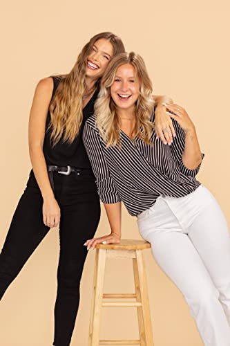 West K Women’s Casual Work Blouse Top With ¾ Roll Tab Sleeve And Wrap Detail, Made In Usa Black White Stripe #TOP3