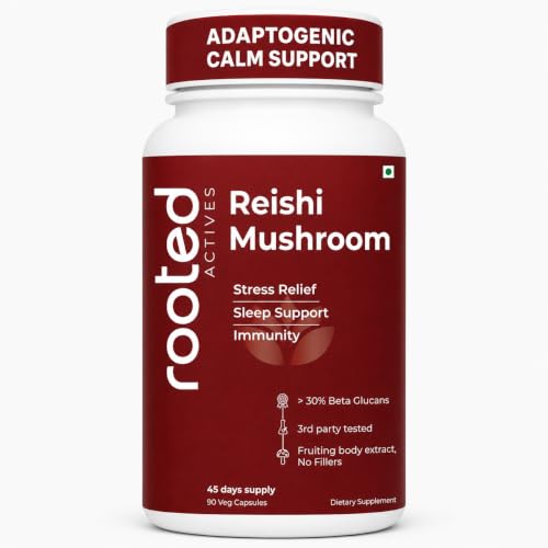 Image of Rooted Actives Reishi Mushroom Extract Powder (90 Veg Caps, 500 Mg) | Heart Health, Stress Relief, Liver Support | USDA Organic | 30% Beta Glucans | Herbal Supplement | Capsule Form