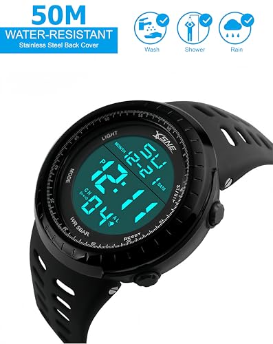SNE Mens Digital Sports Watch LED Screen Large Face Military Watches for Men Waterproof Casual Luminous Stopwatch Alarm Simple Watch 1167, black, 49 mm, Digital