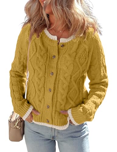 Image of Watashi Long Sleeve Sweater for Women Casual Button Up Colorblock Cable Knit Round Neck Fall Winter Cardigans Coats (US, Alpha, Large, Regular, Regular, Yellow)