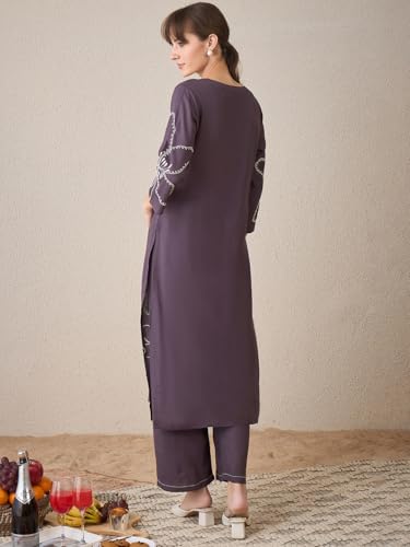 Image of INDO ERA Women's Straight Viscose Rayon Floral Embroidered Kurta & Palazzo Set (IESTR9981)