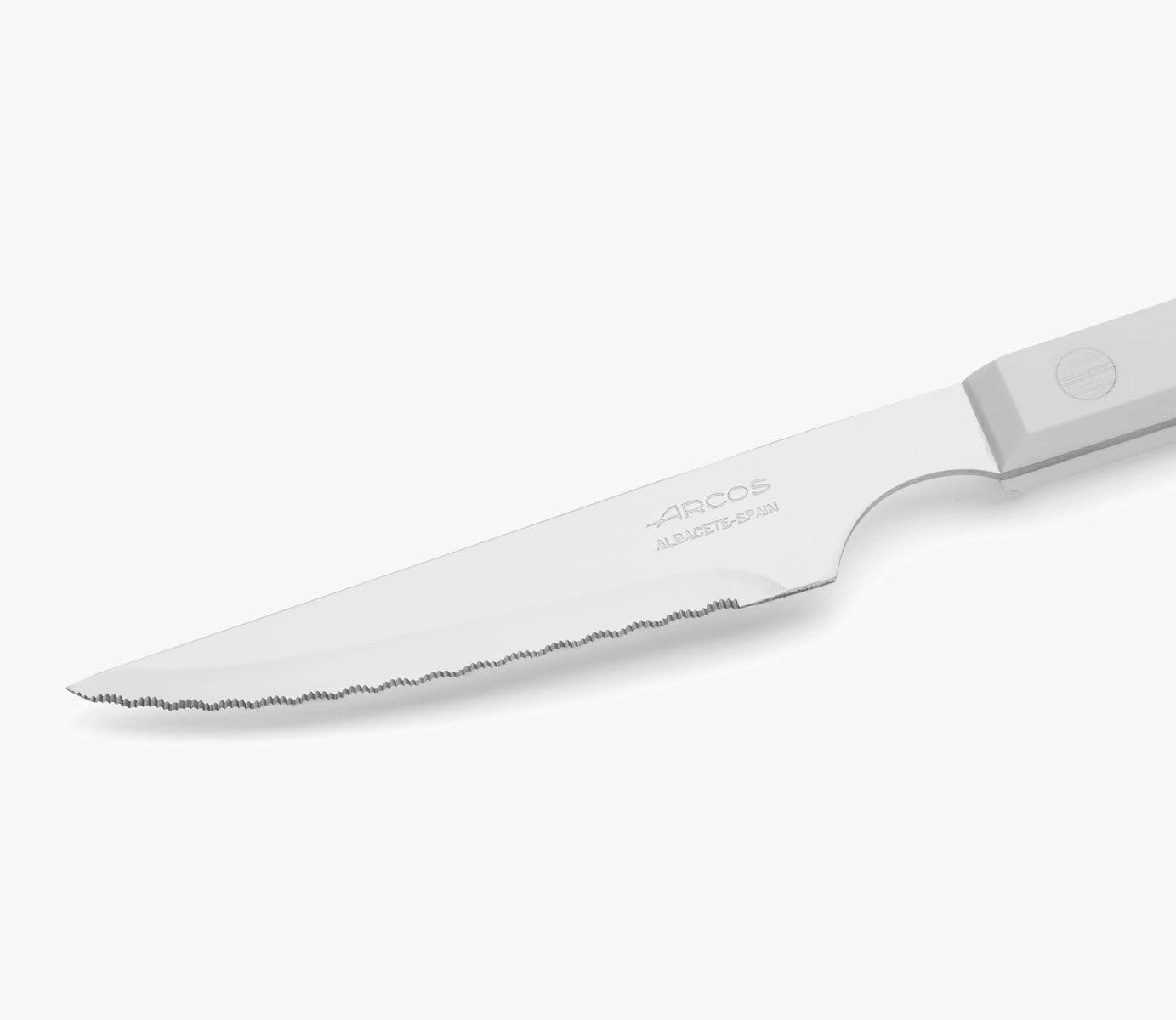 Arcos Serie Cuchillos de Mesa Caja 12 uds Cuchillo Chuletero, Hoja Serrada de Acero Inoxidable NITRUM de 115 mm, Mango Polioximetileno Color blanco (12 UDS)