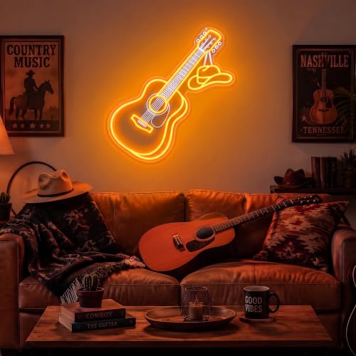Image of Cowboy Acoustic Guitar Neon Light, Dimmable LED Guitar Neon Wall Sign with Cowboy Hat, USB Powered Western Country Music Decor for Bedroom, Man Cave, Music Studio, Gift for Guitar Players