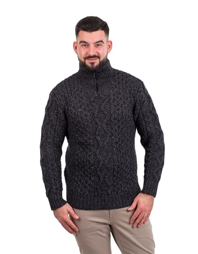 SAOL Men’s Aran Zip Neck Sweater – 100% Wool Fisherman Knit Pullover – Made in Ireland3