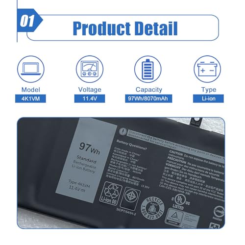 Image of 97Wh 4K1VM Laptop Battery Replace for Dell XPS 15 9560 9570 7590 Inspiron 7500 7501 7700 vostro 7500 g7 17 7700 Precision 5520 5530 5540 Series 9TM7D W62W6 V0GMT XYCW0 NYD3W 11.4V 8070mAh