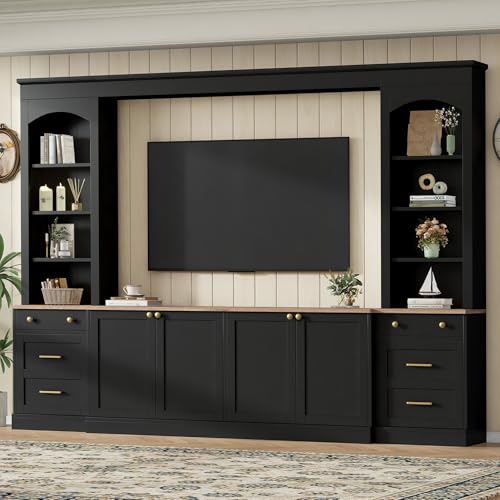 Image of 106.3 inchL Large Entertainment Center with Bookshelves and Drawers for TVs Up to 70'', Wall Unit Entertainment Center with Adjustable Shelves and Cabinet, Minimalist TV Stands for Living Room Black