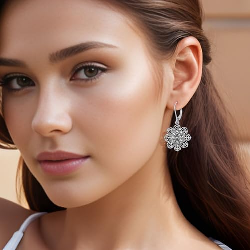 Boho Vintage Flower Earrings for Women, Silver Leverback Hollow Bohemian Dangle Drop Earrings Mandala Tribal Floral Earring Western Indian Jewelry3
