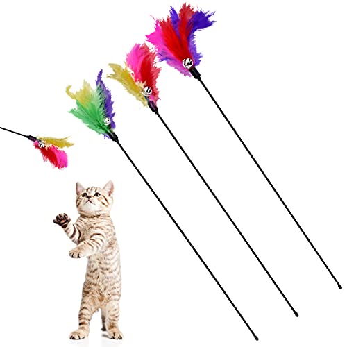 BINGPET Cat Teaser Wand Toys, 3 Pack Long Cats Wands with Bird Colorful Feathers and Bell, Kitten Full Fun Toy for Indoor Play Chase Exercise