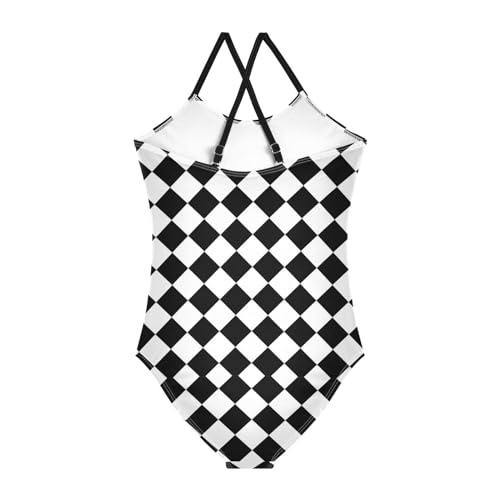 Checkered White Black Girls One Piece Swimsuits Sport Halter Swimwear Beach Bathing Suit 7-8T2