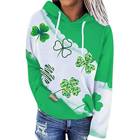 BOFETA Womens St. Patrick's Day Hooded Sweatshirt Tops Shamrocks Graphic Sports Sweater with Pocket Geometric M Cover