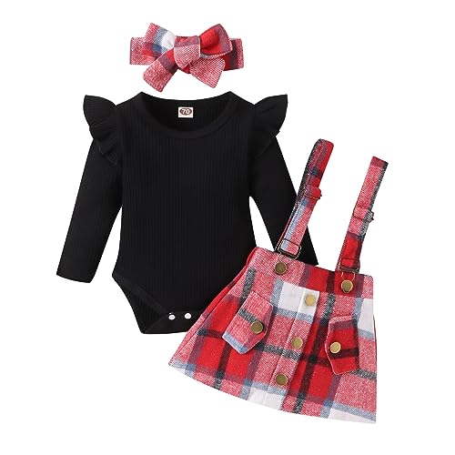Image of Douhoow Infant Girl Fall Outfits Baby Girl Romper Plaid Suspender Dress Skirt with Headband 3Pcs Festival Clothes