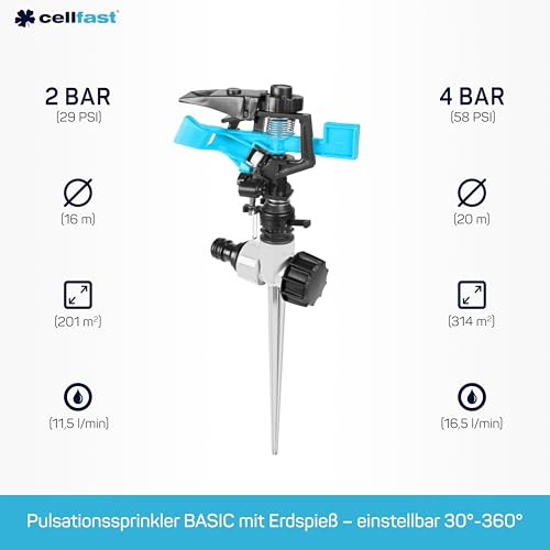 CELLFAST Pulsationssprenger Impulsprenger Pulsationsregner Gartensprinkler Rasensprenger Für Rasen Blumen Pflanzen Stufenregulierung Basic
