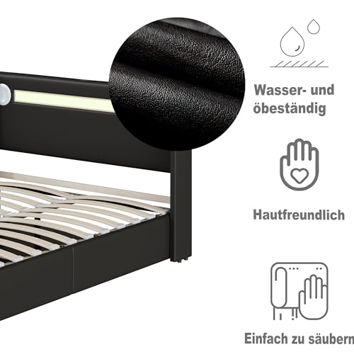 Polsterbett Einzelbett 90x200, Bett mit Stauraum&Lattenrost, LED Kopfteil mit USB-Aufladung&Bluetooth-Player, Hydraulisch Stauraumbett Funktionsbett Jugendbett Bettgestell, PU, Ohne Matratze, Schwarz – Bild 6