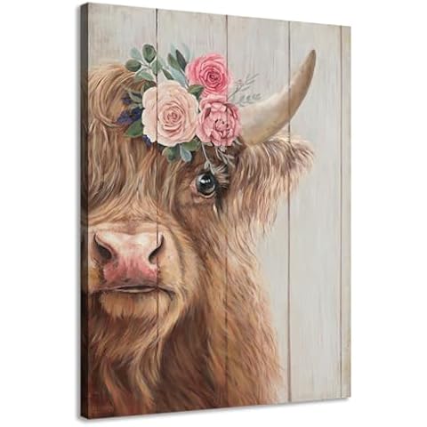 Yelash Highland Cow Canvas Wall Art Farmhouse Animal Picture Wall Decor, Funny Cow Flower Painting Poster Mural for Bedroom 16 x 24 Cover