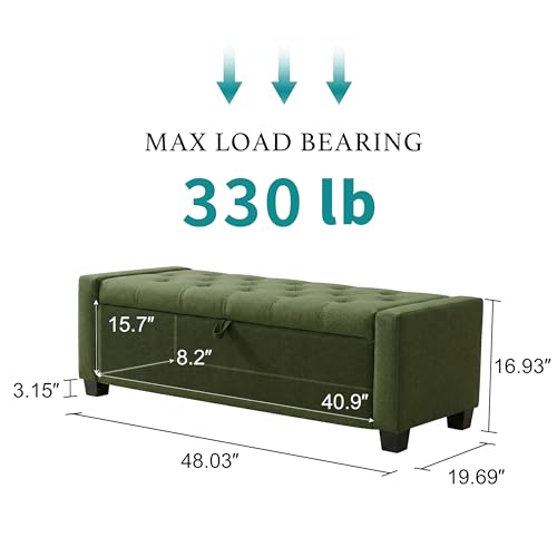 Image of Huatean Home 48 inch Ottoman with Storage, Storage Ottoman Bench with Safety Hinge, Upholstered Entryway Bench with Seating for Bedroom, Living Room, Holds up to 330 lb, Green