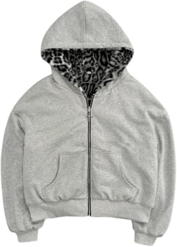Y2k Reversible Zip Up Jacket Grunge Streetwear Vintage Leopard Print Jacket Baggy Long Sleeve Hoodie Unisex