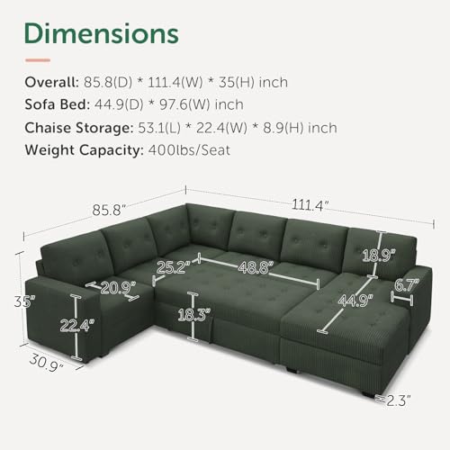 Image of HONBAY Modular Sectional Sleeper Sofa with Pull Out Bed, U Shaped Sleeper Couches with Storage Chaise, 114'' Sleeper Sectional Sofas for Living Room, Apartment (Velvet Green)