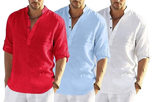 Image of Men's Cotton Blend Combo Short Kurta with Mandarin Collar Neck Full Sleeves Solid Pattern Curved Hemline Regular Fit and Standard Length (Pack of 3)
