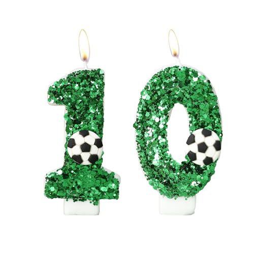 Bougies d'anniversaire numéro 10, Bougies d'anniversaire ballon de football à paillettes vertes pour enfants, garçons et filles, Décoration d'anniversaire,...