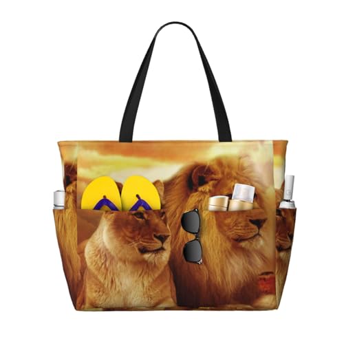 Grand sac de plage lion d'Afrique en toile robuste avec poignées confortables