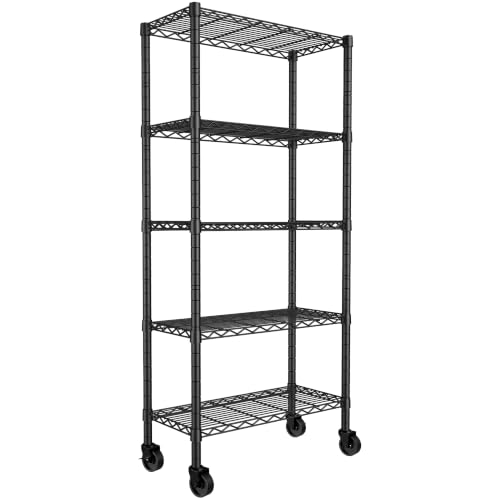 Image of REGILLER 5-Wire Shelving Metal Storage Rack Adjustable Shelves,Standing Storage Shelf Units for Laundry Bathroom Kitchen Pantry Closet(Black,14.1 inch D x 30 inch W x 82 inch H,With Wheels)