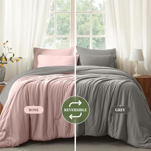 Image of Queen Comforter Set, Comforters Queen Size Luxury Ultra-Soft Jersey Knit Bedding Sets, Grey /Rose Lightweight Down Alternative Bed Comforte Queen for All Season, 3 Piece Bedding Setrey