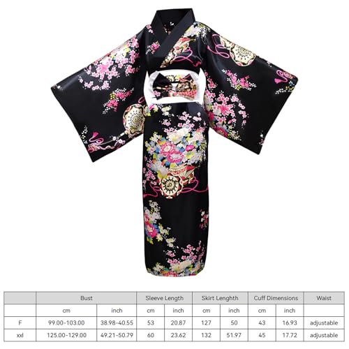 PLULON Japanese Robe Geisha Yukata Dress Blossom Satin Bathrobe with Drawstring Bag Hand Fan Hairpin Tabi Socks Set for Women