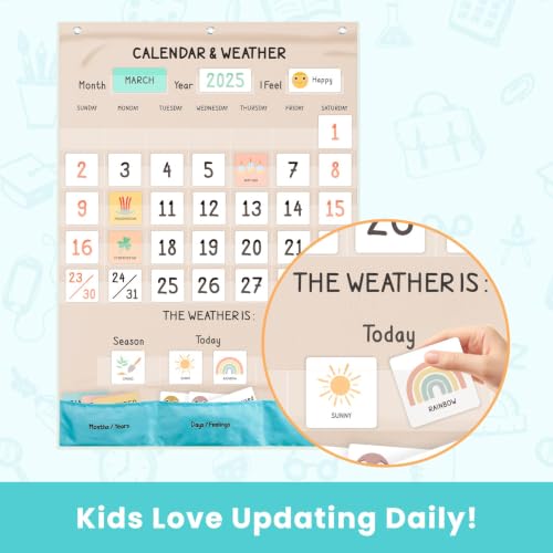 Image of Classroom Boho Calendar & Weather Pocket Chart with 111 Cards, Circle Time Learning Center for Kids and Toddler, Preschool Must Haves!
