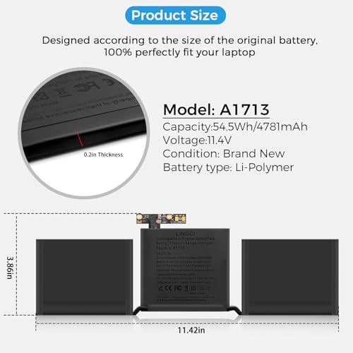 Image of A1708 Battery, A2171 A1713 A2159 A2289 A2338 Replacement for MacBook Pro 13 Inch A1708 (Late 2016, Mid 2017 Years) (Upgraded High Performance 54.5Wh 11.4V 4781mAh Li-Polymer)