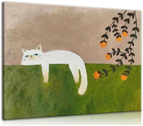 Neutral Green Beige Wall Art Whimsical Cat Canvas Wall Decor 24x3...