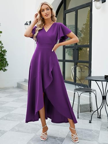 Image of Long Black Formal Dresses for Women Gowns Evening Party Cocktail Dress,Split Elegant V Neck Wrap Ruffle Wedding Guest Dresses