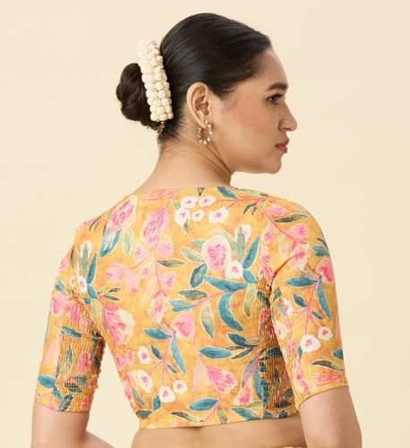 Image of Studio Shringaar Women's Cotton Floral Print Side Stretch (Smocked) Readymade Saree Blouse