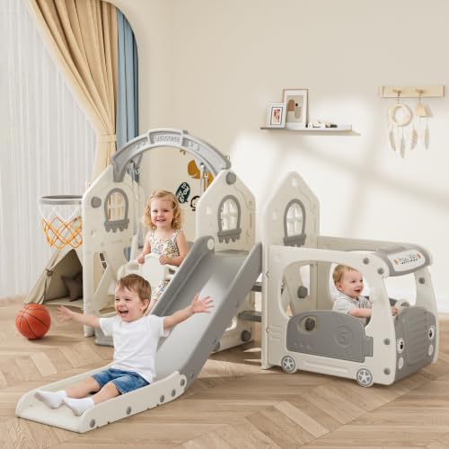 BIERUM 5-in-1 Bus Themed Toddler Slide Swing Set for Kid 1-3 Home/Backyard
