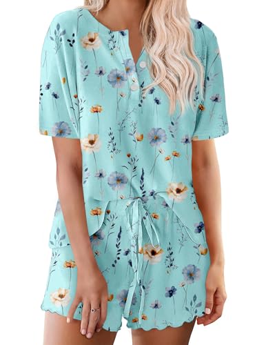 Image of Ekouaer Pajamas Set for Women Short Sleeve Lounge Set 2 Piece Loungewear PJs Soft Cute Lightweight Sleepwear