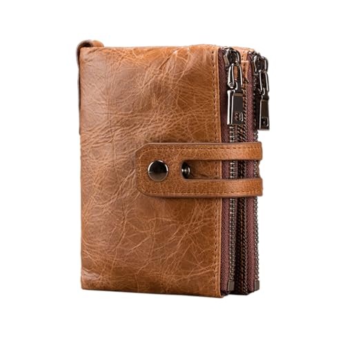 Zip Wallet for Men Women Genuine Leather Bifold Credit Card Holder Snap Fastener Stylish With 1 ID Window 307# Brown
