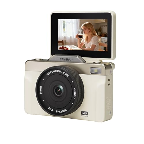 Appareil photo numérique 4K compact blanc avec zoom 16x et écran LCD 180°