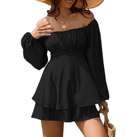 Womens Ruffle Long Sleeve Short Rompers Sexy Layered Tie Waist Chiffon One Piece Outfits Solid Jumpsuit Black XL Cover