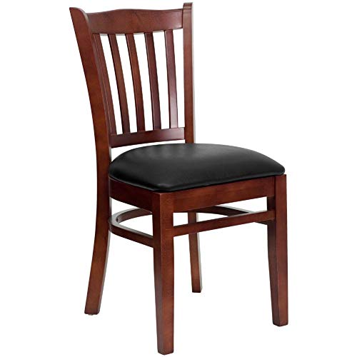 Image of Flash Furniture 4 Pack HERCULES Series Vertical Slat Back Mahogany Wood Restaurant Chair - Black Vinyl Seat