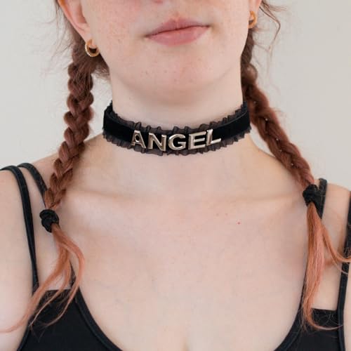 Handmade Black Choker Necklace for Women, Adjustable Black Velvet Lace Choker Collar for Women with Silver Letters, Gothic Choker Jewelry Gifts3