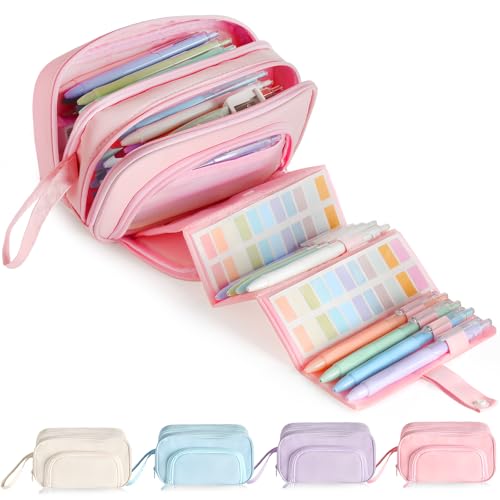 Image of Large Capacity Pencil Case with Pull-out Structure - Multifunctional Extra Big Pencil Pouch Pen bag, Portable Stationery Organizer with Zipper, College Office School Supplies for Girls, Pink
