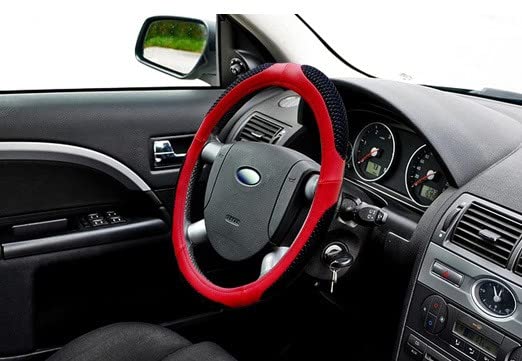Image of Microfiber Car Steering Wheel Cover, Soft Padding Great Hand Feel, Anti-Slip, Faux Leather Steering Cover for Datsun Go | Black Red Jali - Pack of 1