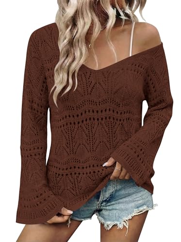 Image of Cakulo Womens Summer Crochet Tops Boho Off Shoulder Sweaters Lightweight V Neck Loose Vacation Resort Wear 2026