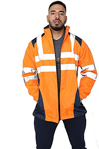 Parsa Fashions Hi Vis Rain Jacket Mens High Visibility Waterproof Reflective Tape Band Safety Zipper Hooded Top Lightweight Sizes Small to 5XL Orange XL