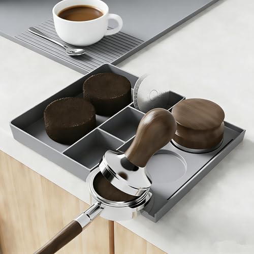 Image of Espresso Tamping Mat, Tamper Mat, Espresso Mat for Counter, Silicone Tamper Mat with Coffee Grounds Catcher, Non-Slip & Heat Resistant - Fits Portafilter, Tamper, Puck Screen (Black,9.84''x7.87''x1'')