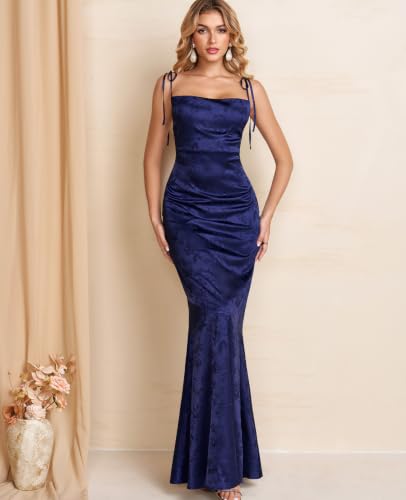 Image of GLNEGE Wedding Guest Maxi Prom Dress Lace Up Satin Formal Dresses for Women | Spaghetti Strap Cocktail Elegant Bridal Shower Wgute Dress Bodycon Mermaid Long Evening Black Tie Dresses for Women