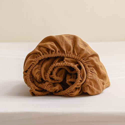 King Linens Sábana bajera ajustable 100 % de lino, color liso lavado a la piedra, funda de colchón de 14 pulgadas de profundidad, suave, natural, transpirable, granja, óxido, tamaño King