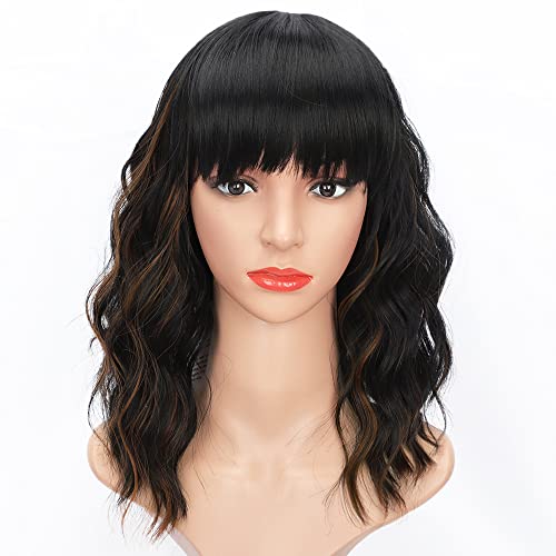 Image of AISI HAIR Wavy Bob Wigs with Bangs for Women Black Mixed Brown Color Short Wavy Bob Curly Wig Synthetic Natural Looking Heat Resistant Fiber Hair for Women