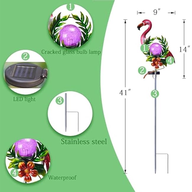 Solar Garden Light for Garden Decoration, 40.9 Inch Flamingo Solar Stake with Cracked Glass Puck Light for Outside Patio Pathway Yard Decoration(Flamingo)