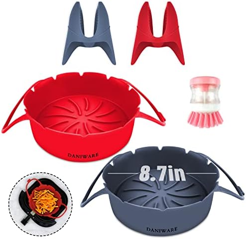 Two Sets Air Fryer Liners Silicone with palm brush & oven mitts. Oven Airfryer Liners, Heat-Resistant Food-grade basket. Silicone Tray, Non-stick Reusable Round Pot with handles, 8.66 Inch. Two Sets Air Fryer Liners Silicone with palm brush & oven mitts. Oven Airfryer Liners, Heat-Resistant Food-grade basket. Silicone Tray, Non-stick Reusable Round Pot with handles, 8.66 Inch.