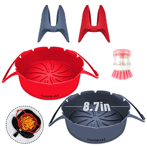 DANIWARE Two Sets Air Fryer Liners Silicone with palm brush & oven mitts. Oven Airfryer Liners, Heat-Resistant Food-grade basket. Silicone Tray, Non-stick Reusable Round Pot with handles, 8.66 Inch.